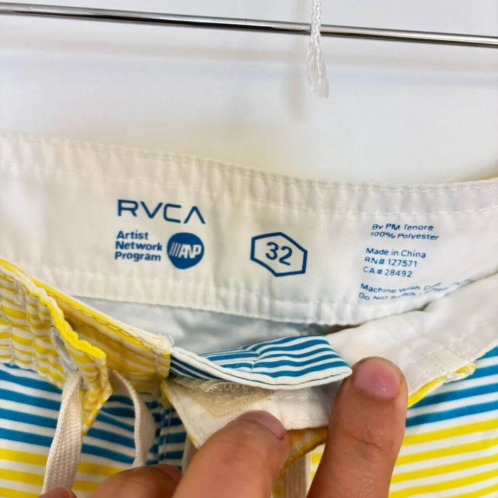 RVCA Performance Stretch Board Shorts Men's Size 32 Yellow Blue Striped Swim Tru